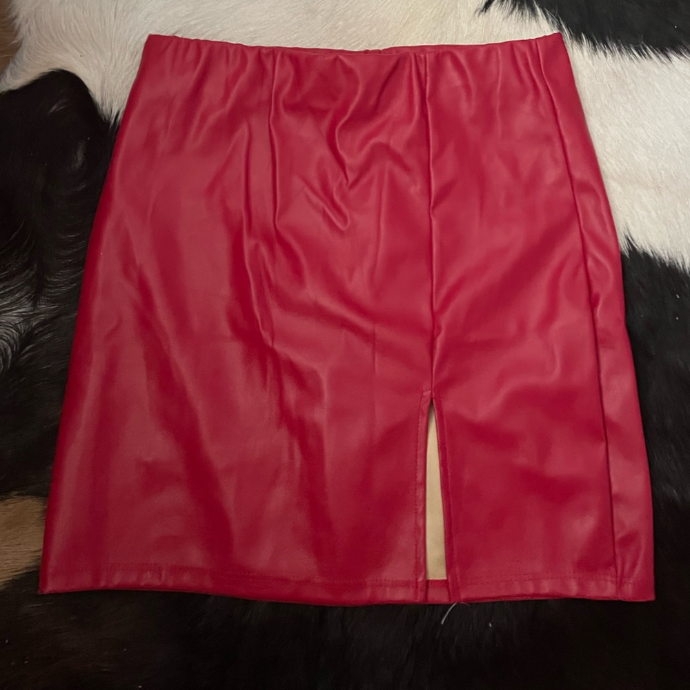 red pleather skirt
